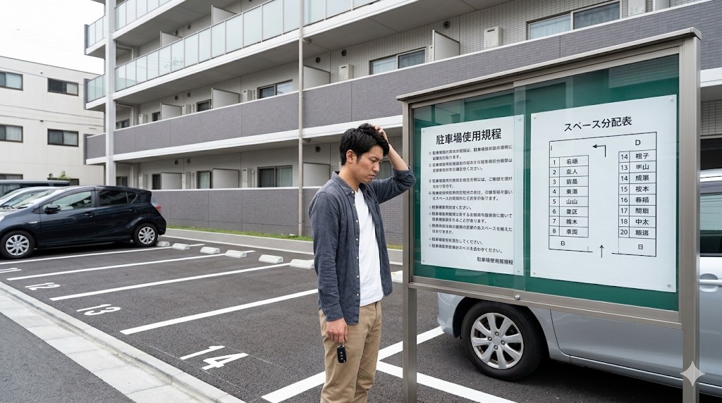 マンション駐車場の優先順位に不満を持つ住民のイメージ