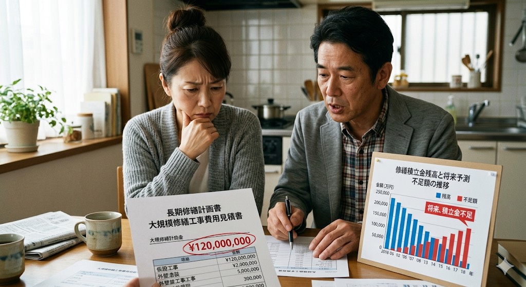 修繕積立金不足に悩むマンション住民のイメージ