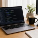 Claude Code入門をイメージした開発デスクとAIコーディング画面