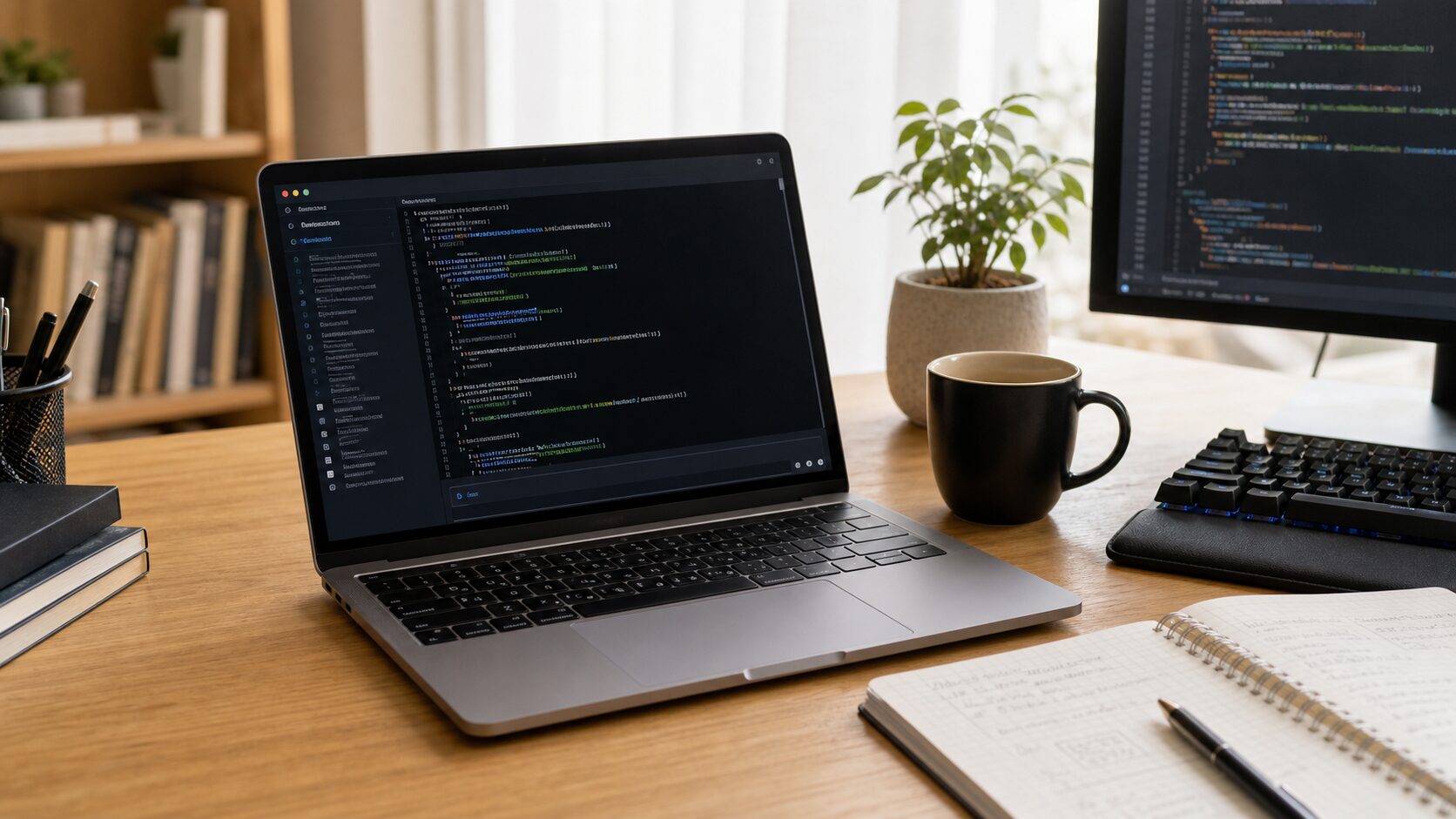 Claude Code入門をイメージした開発デスクとAIコーディング画面