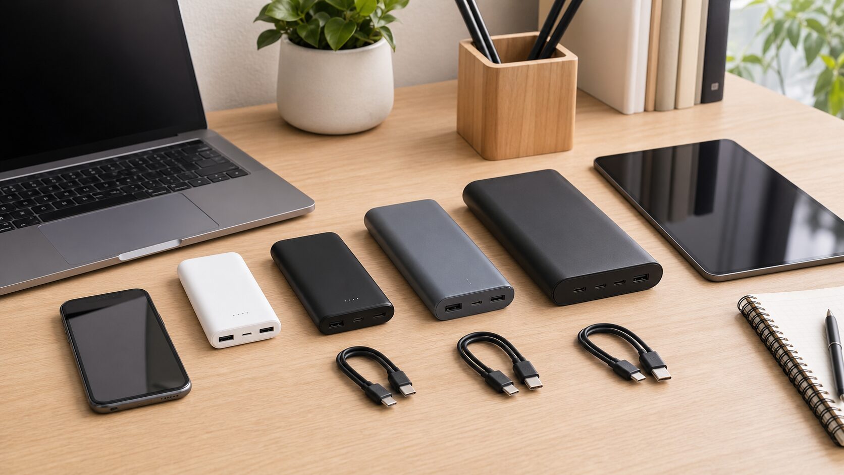 スマホ、タブレット、ノートPCを充電するモバイルバッテリーを比較するイメージ