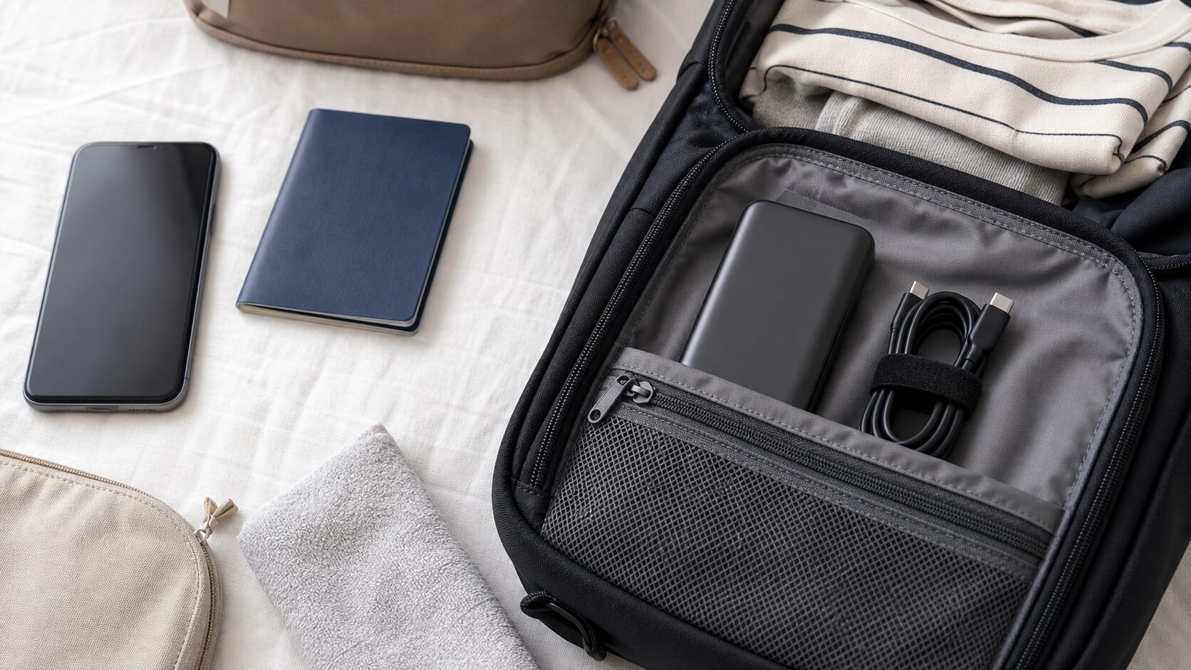 旅行用ポーチにモバイルバッテリーとケーブルを入れるイメージ