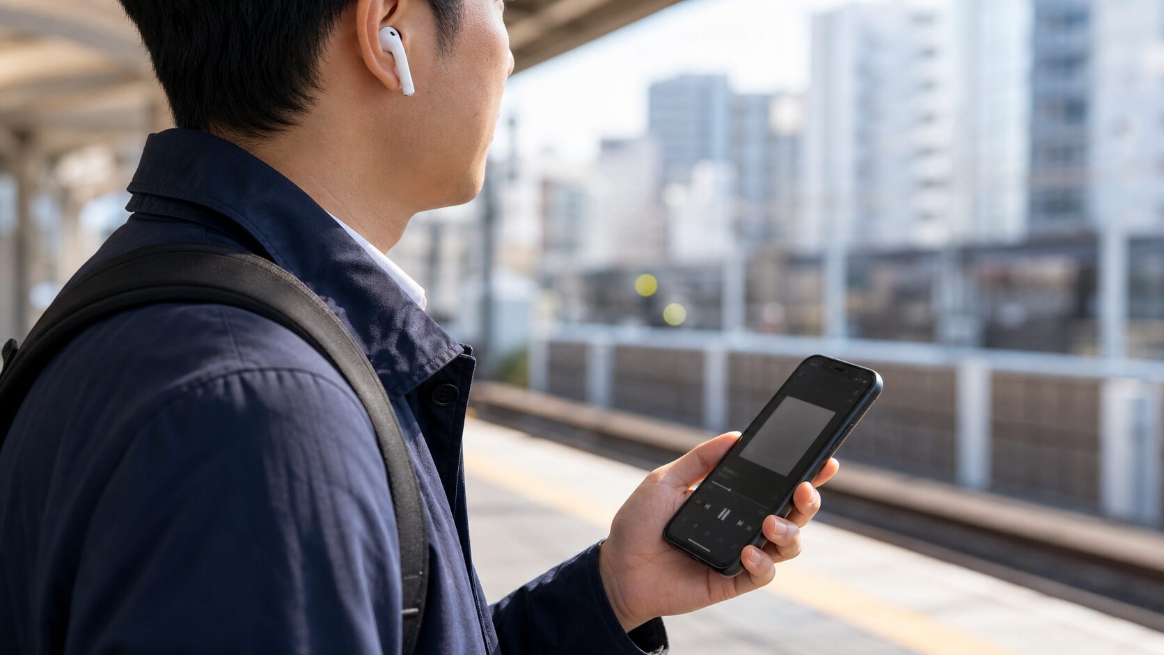 通勤中にワイヤレスイヤホンを使うイメージ