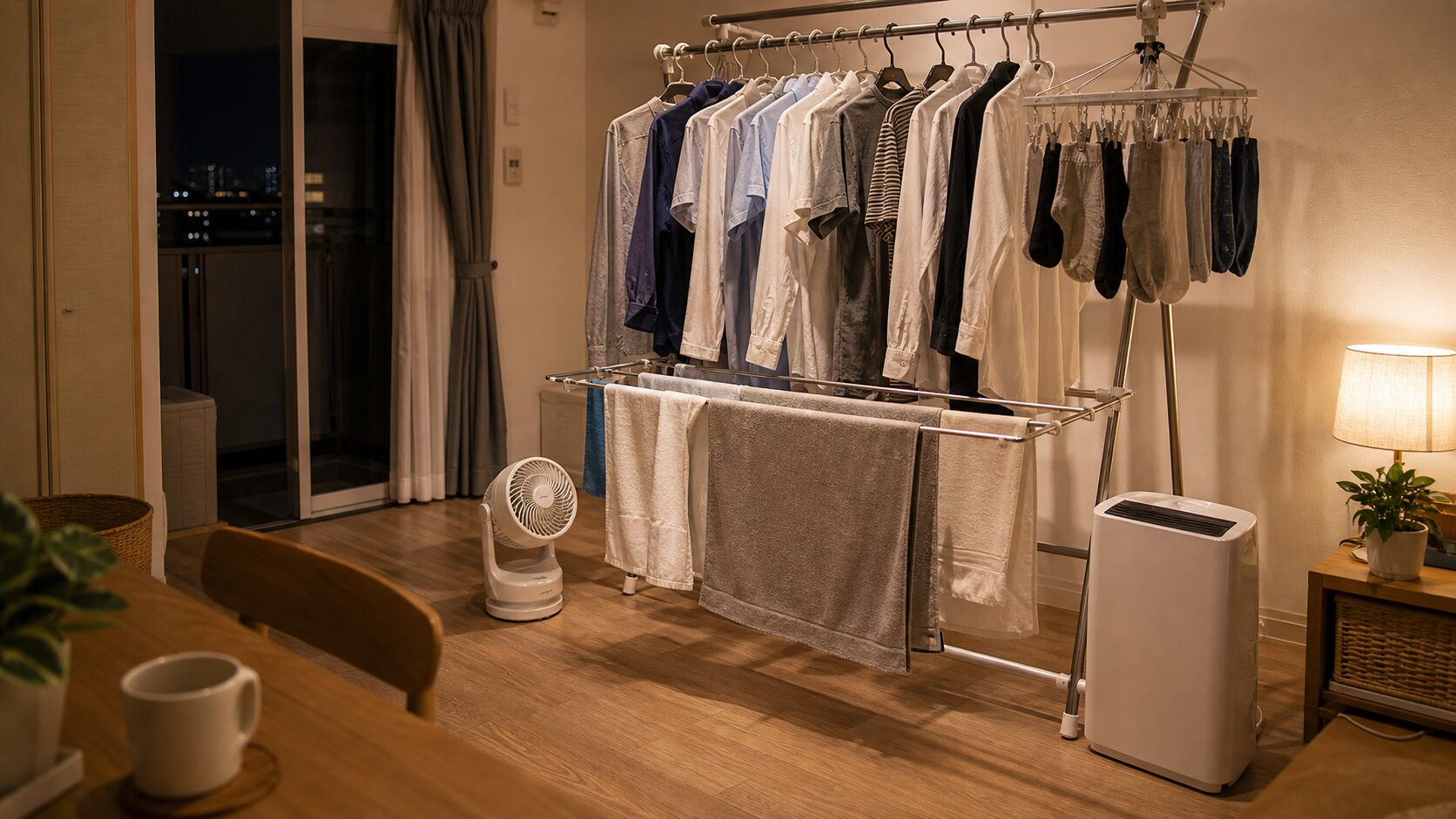 夜洗濯で部屋干しするイメージ