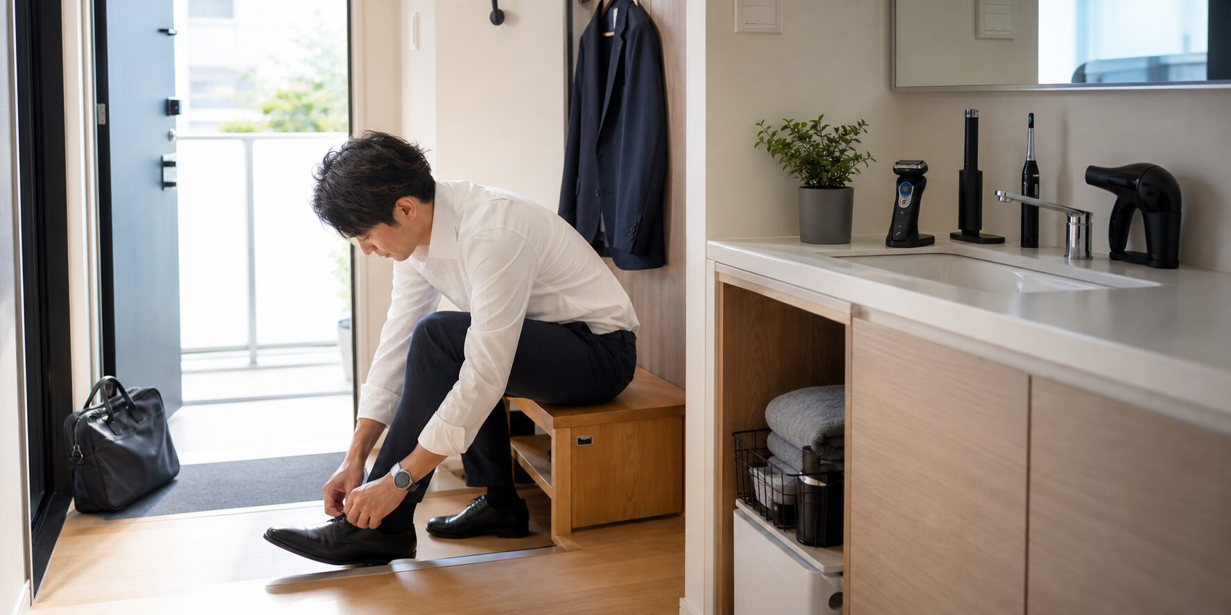 朝の出発準備を終えた玄関のイメージ