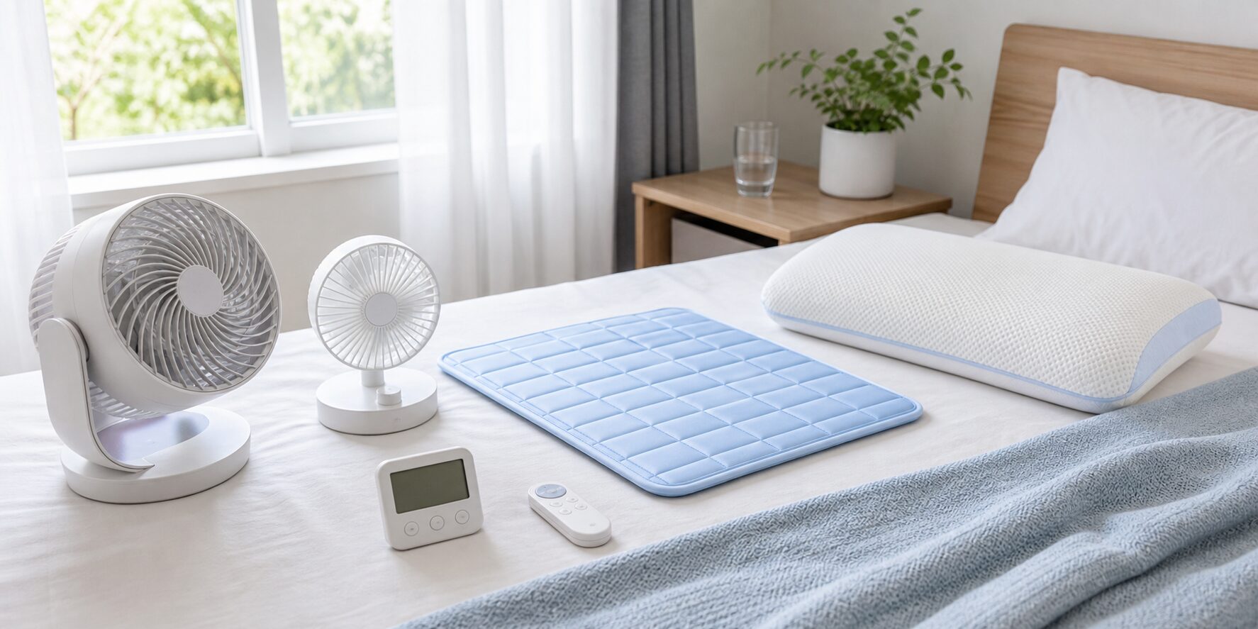 夏の寝室用家電と寝具を比較するイメージ