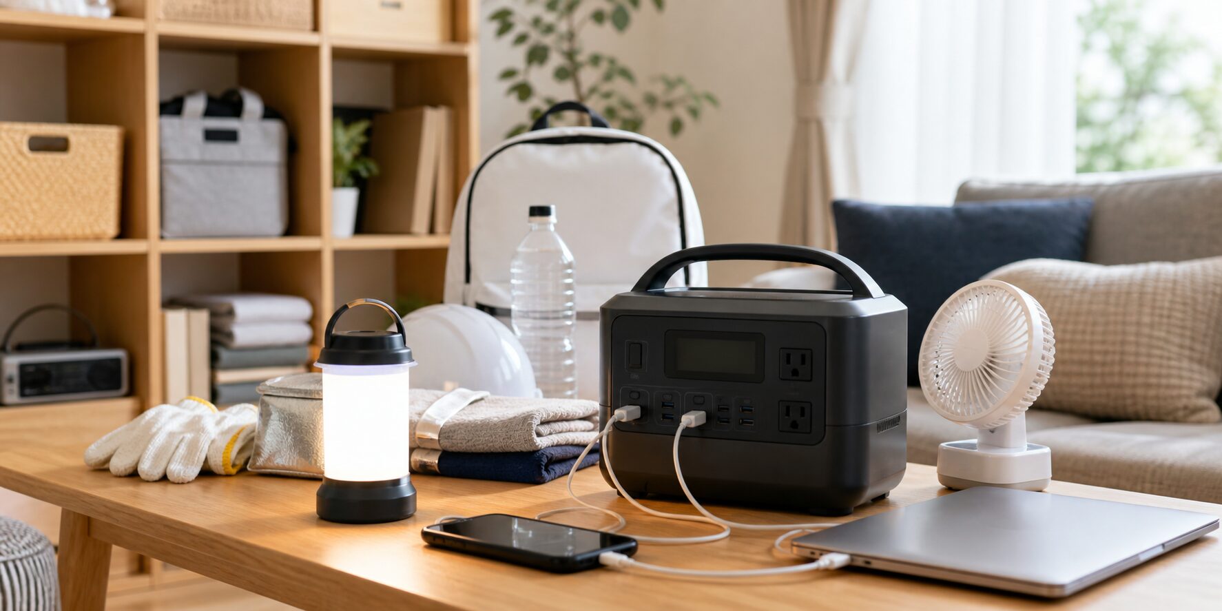 小型ポータブル電源を防災用品と一緒に置いたイメージ