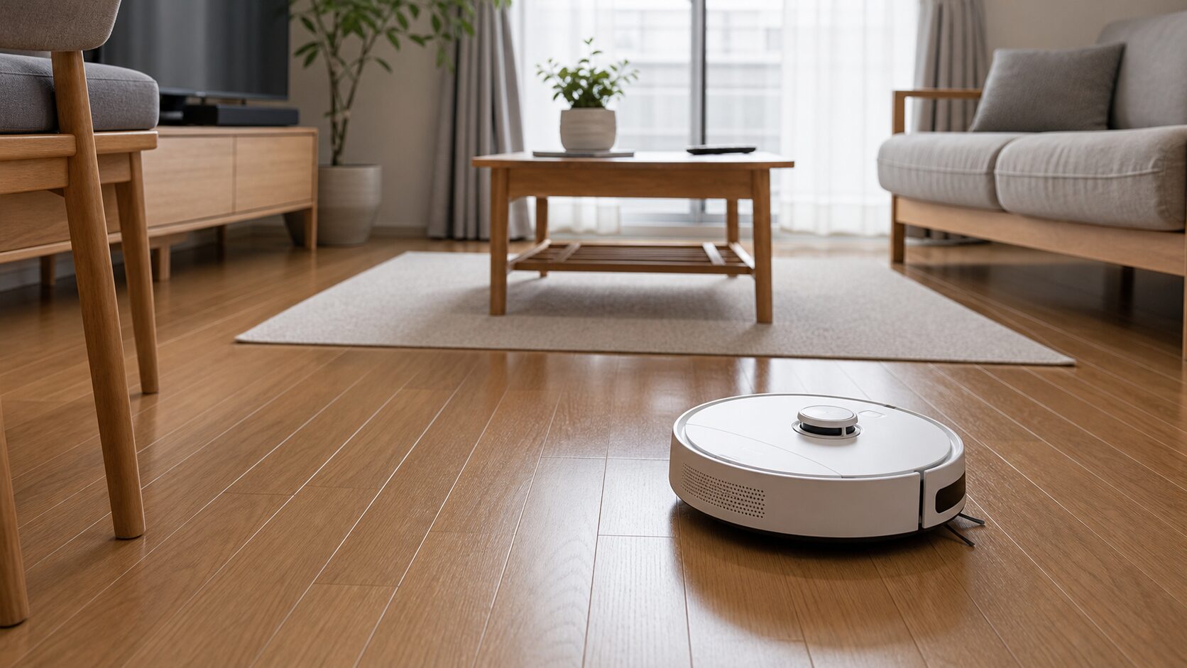 リビングでロボット掃除機が掃除しているイメージ