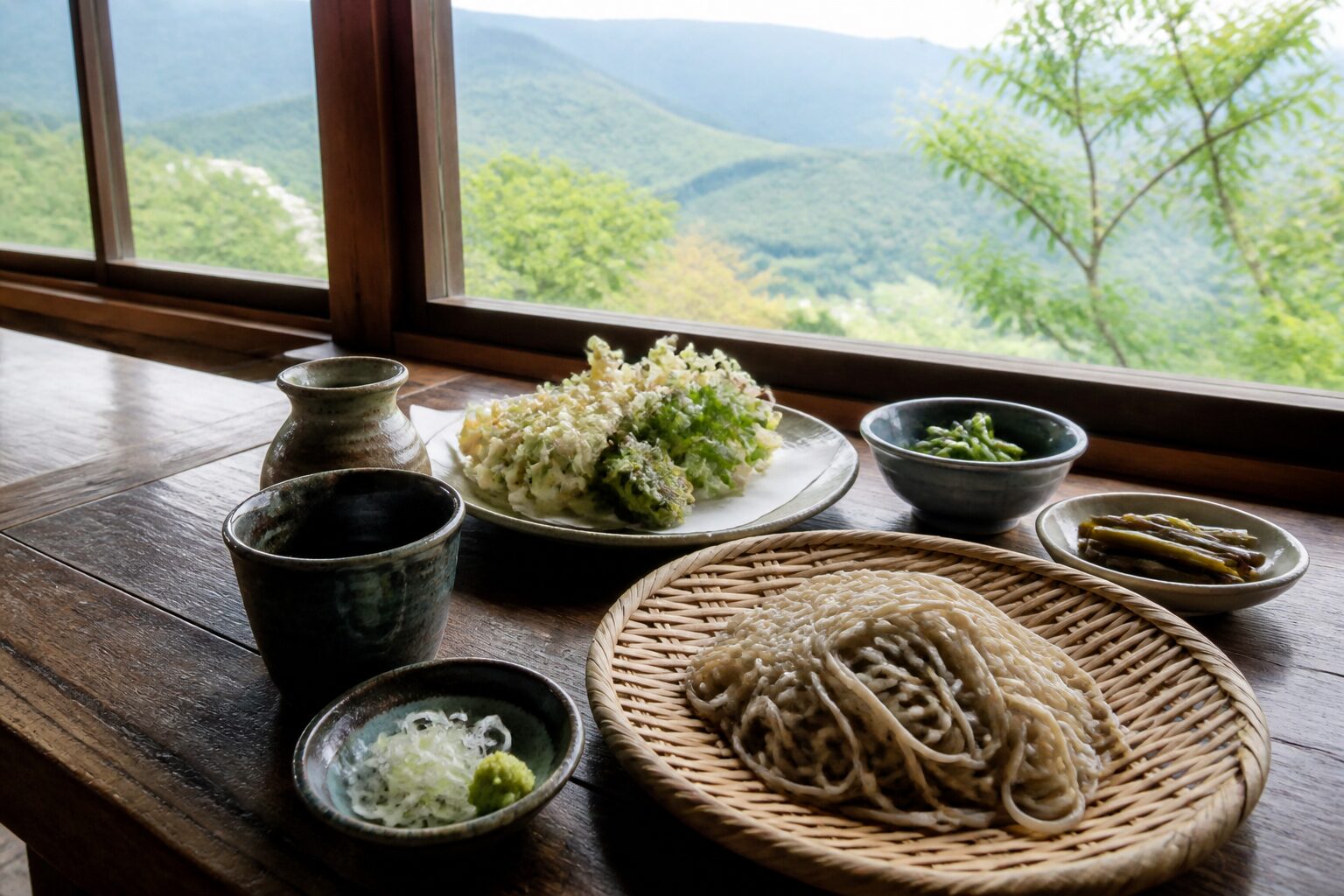 山を眺める店でそばを味わうイメージ