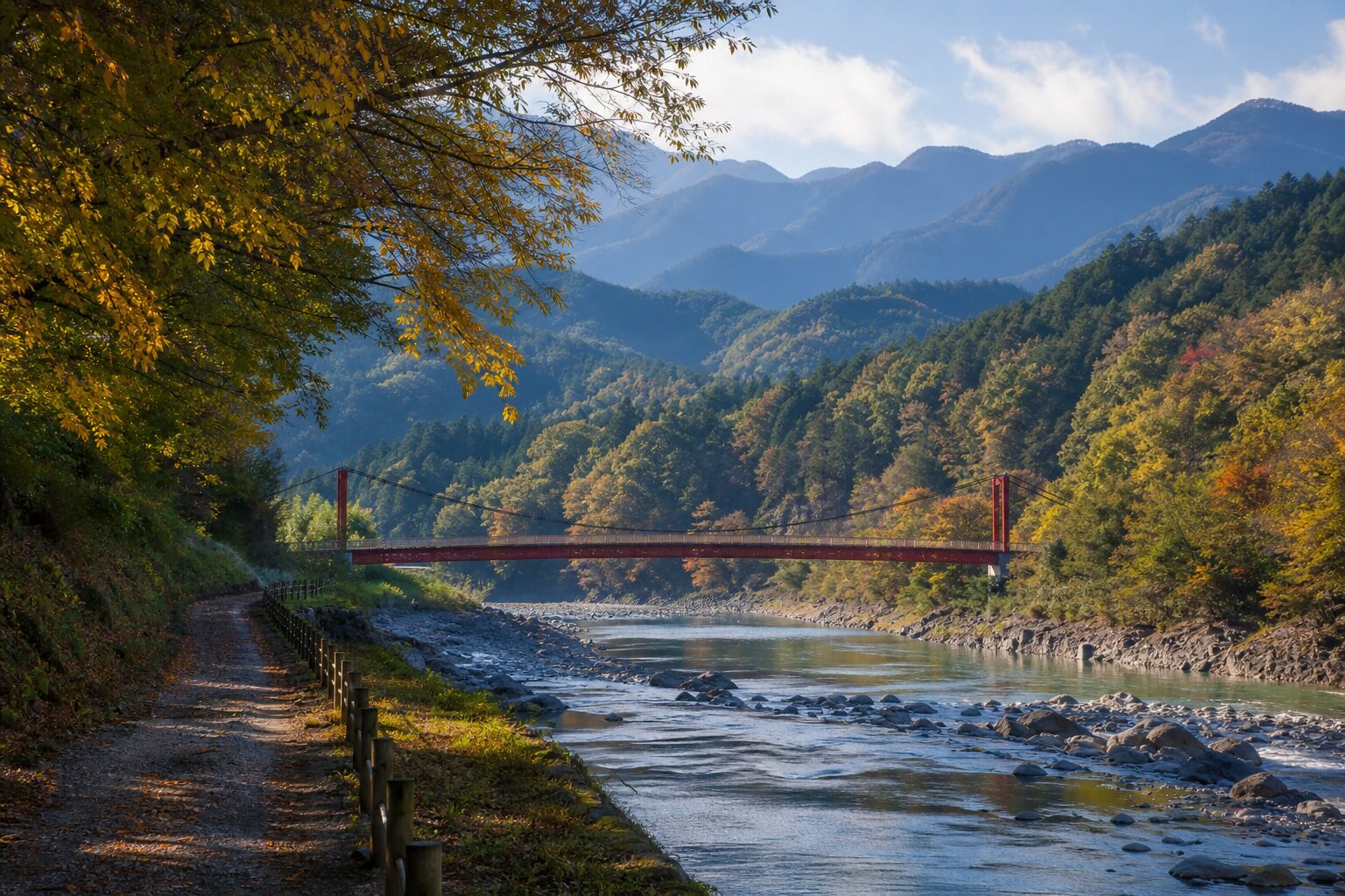 秩父の川沿いの橋と山並みのイメージ