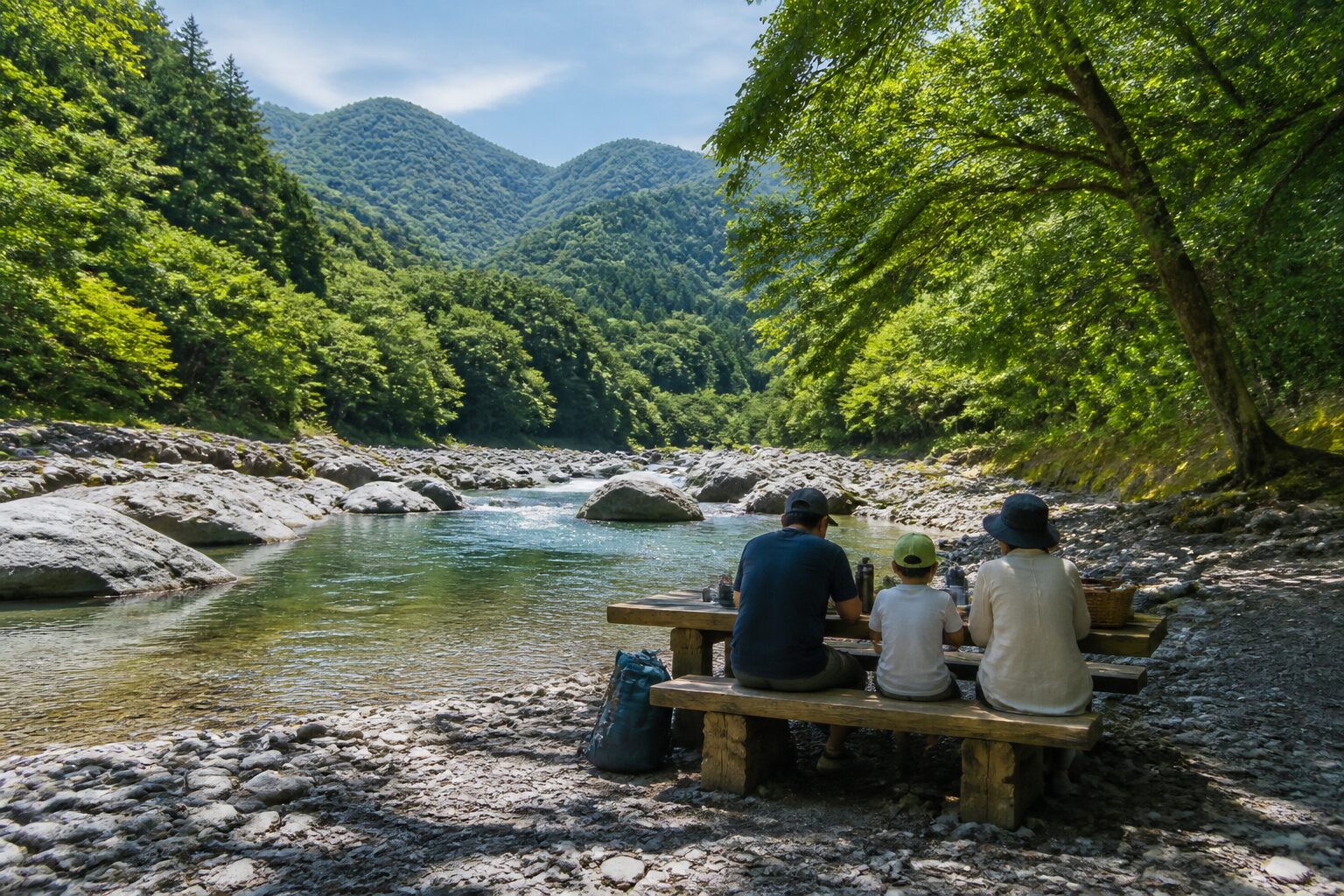 秩父の川辺で休憩する家族旅行のイメージ