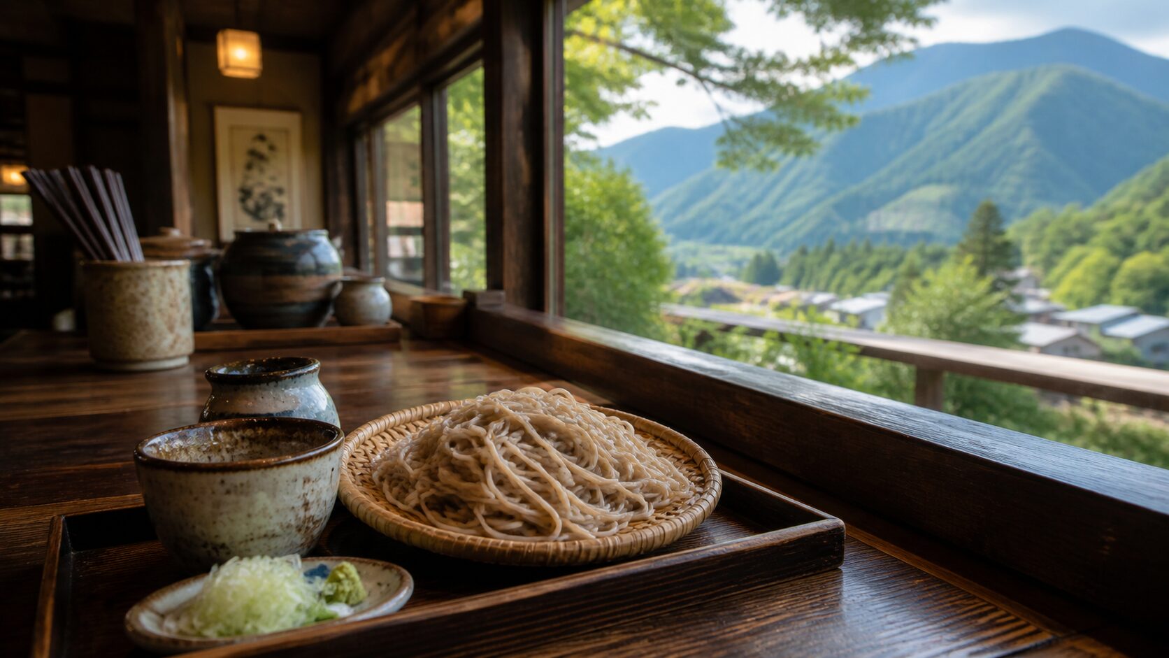 秩父の山を眺めるそば店の食事のイメージ