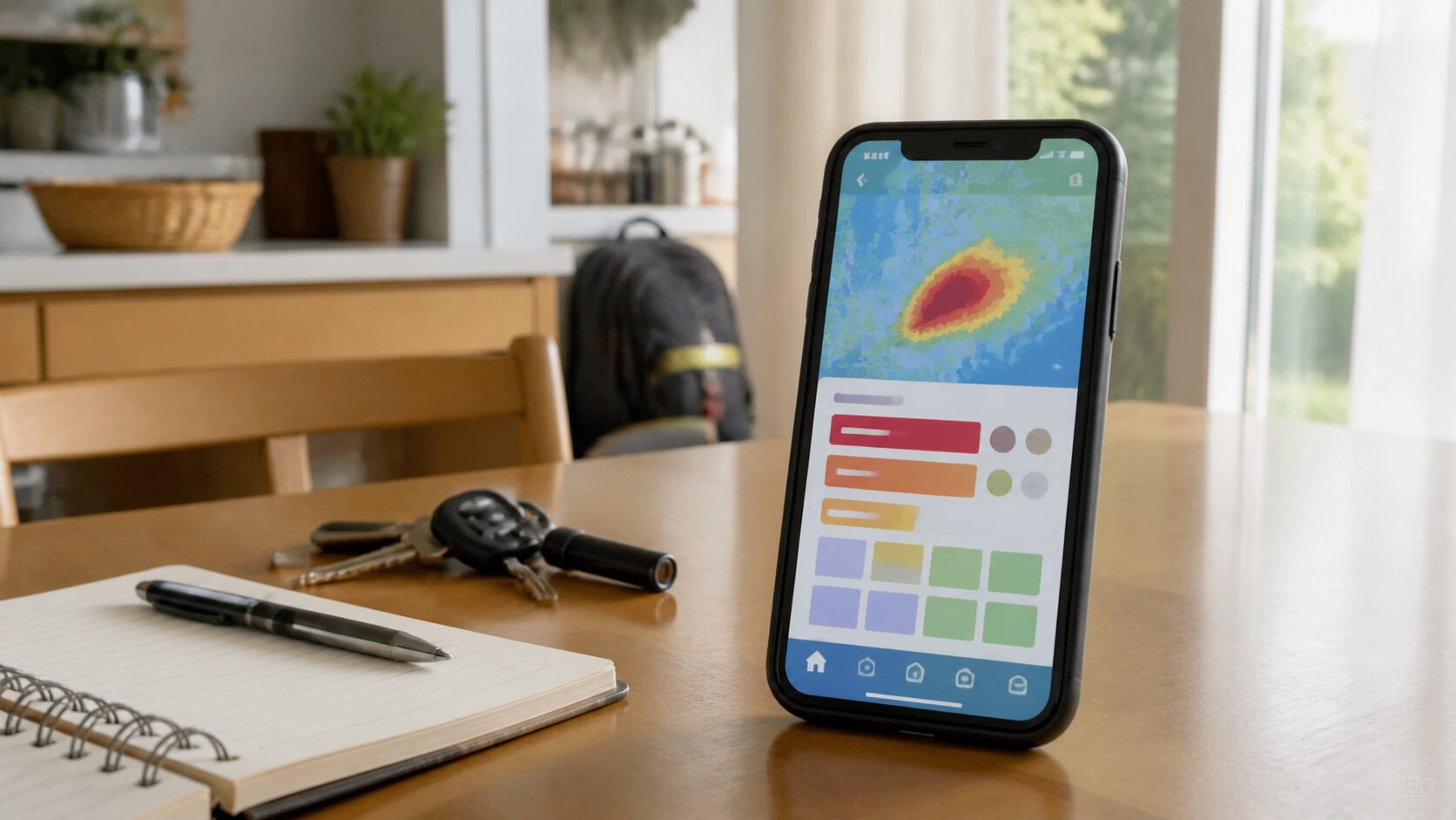 スマートフォンで気象情報を確認する家庭のイメージ