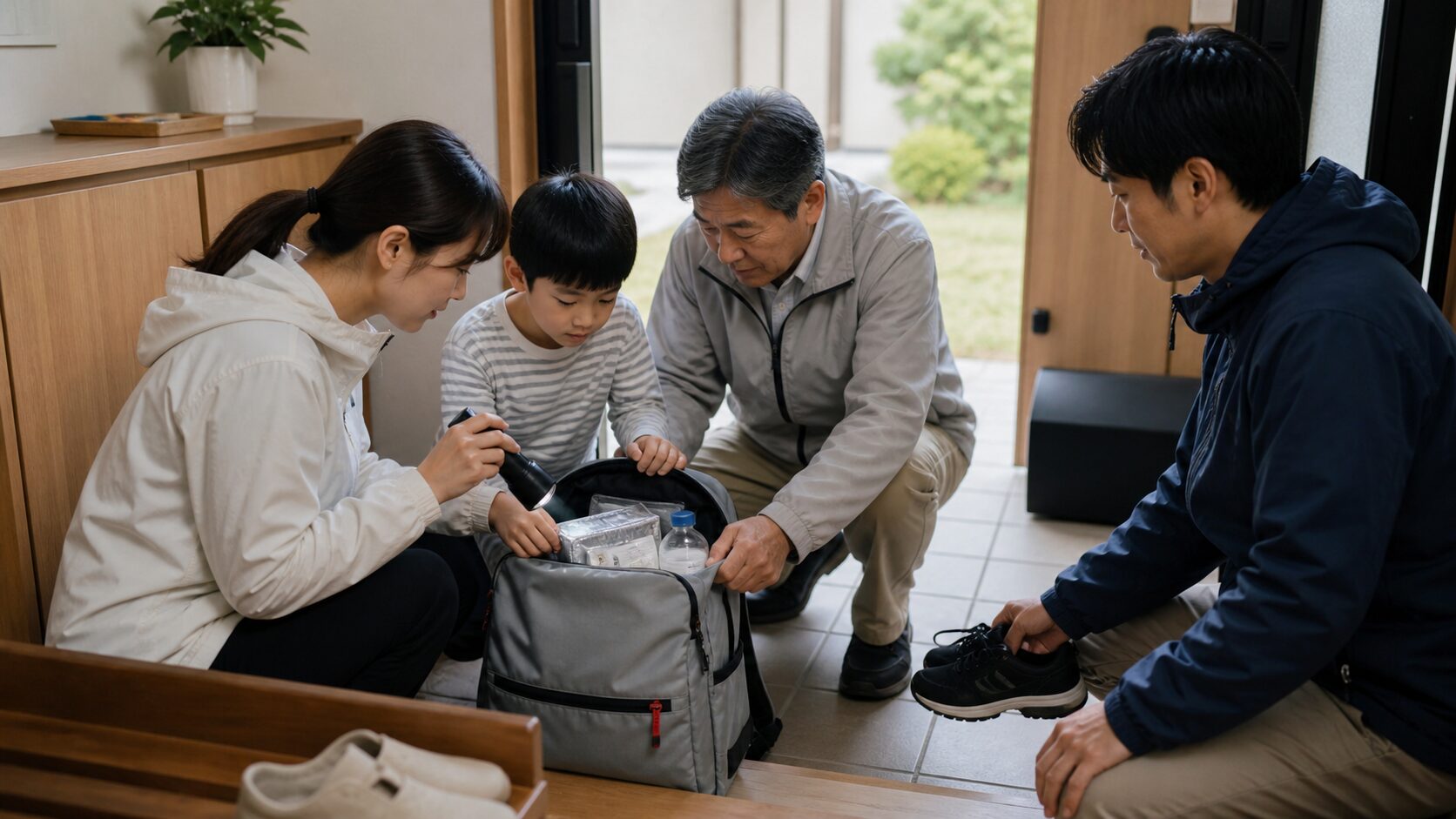 家族が避難袋と連絡方法を確認する玄関のイメージ