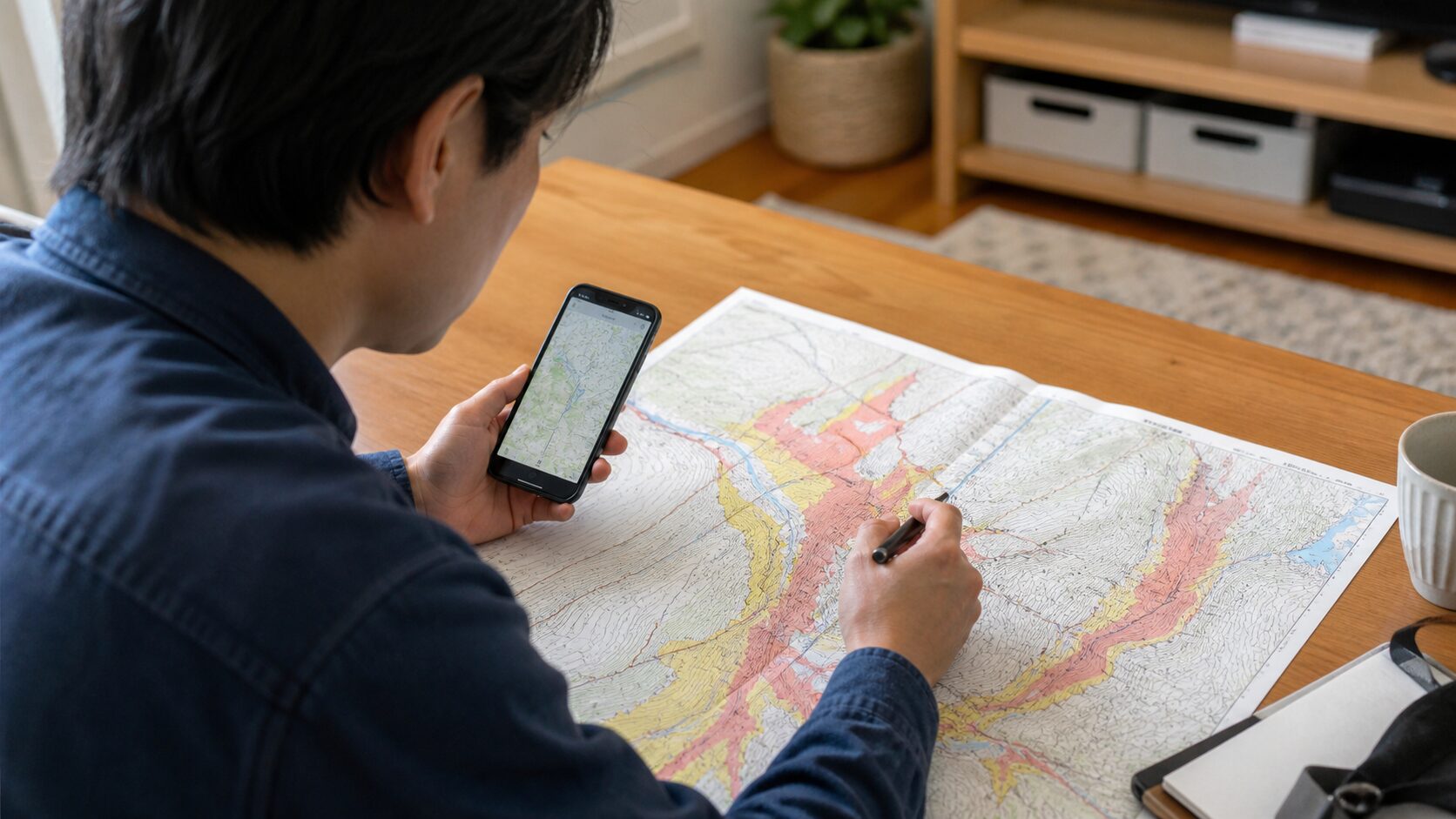 ハザードマップとスマートフォンで避難先を確認する机のイメージ