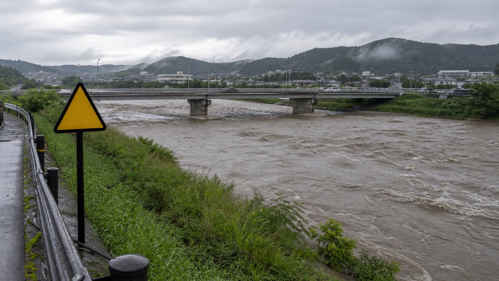 大雨後に水位が上がった川を安全な場所から見るイメージ