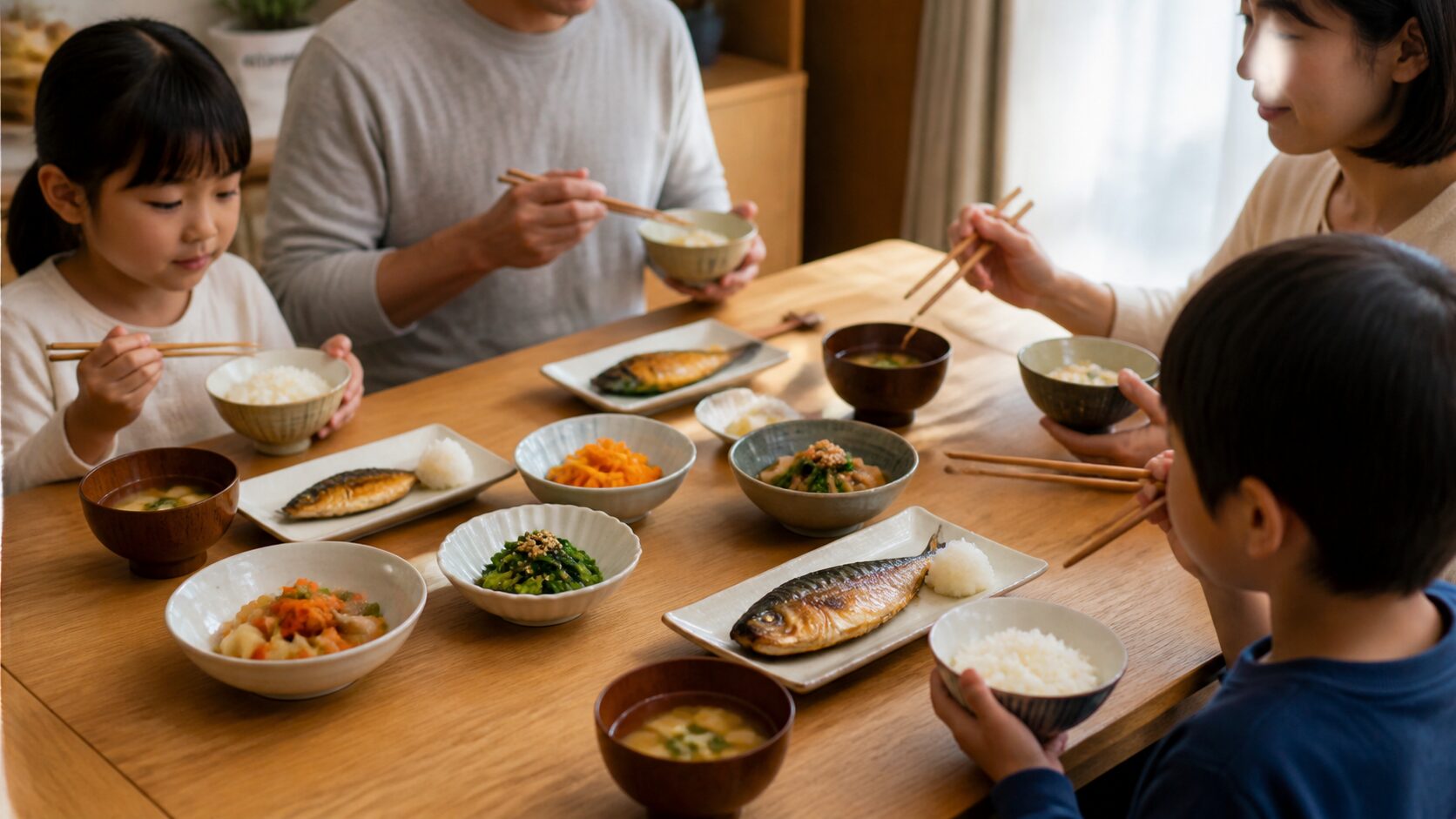 骨取り魚とご飯が並ぶ家庭の食卓