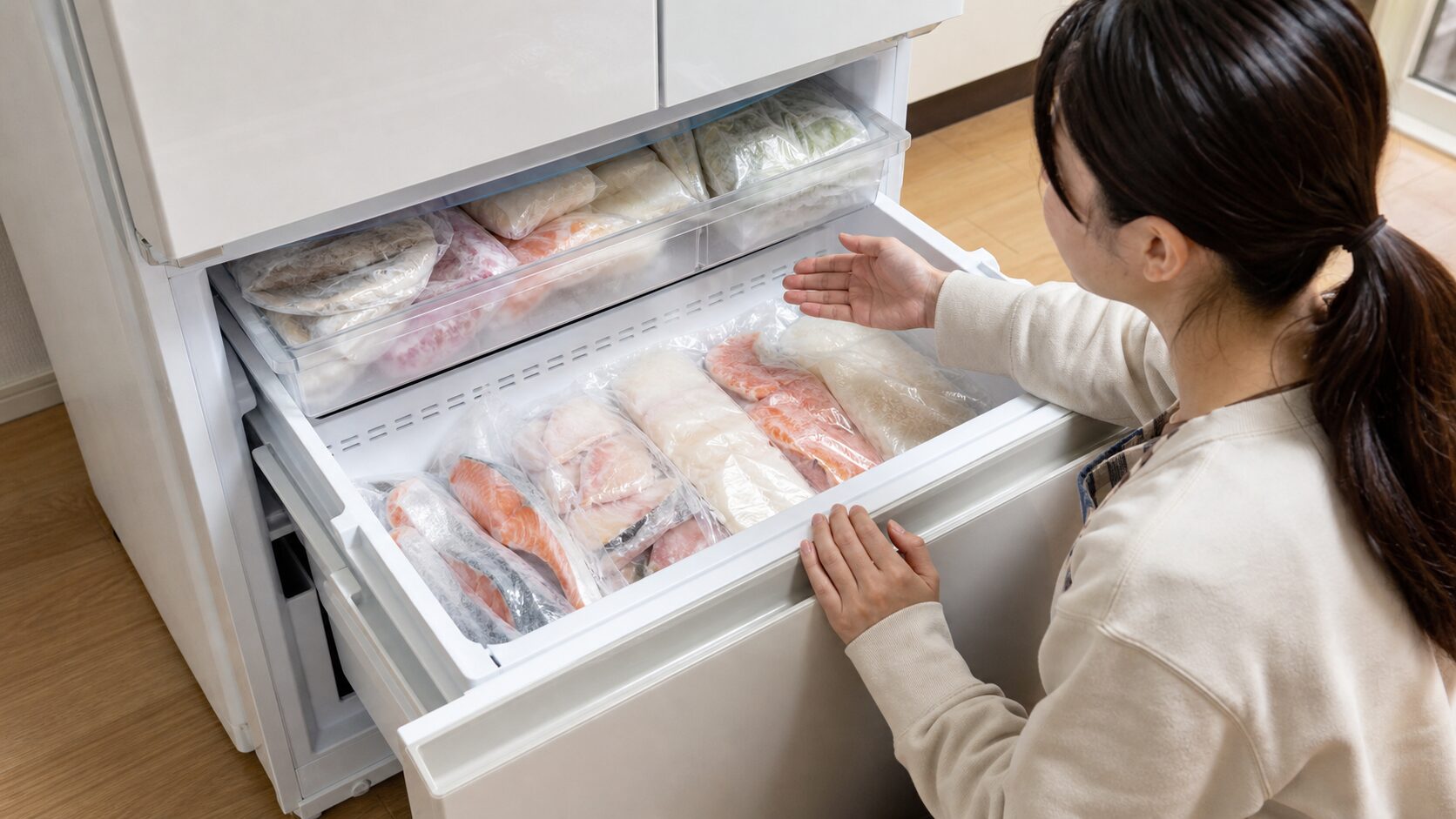 冷凍庫の空きと魚の保管量を確認する場面