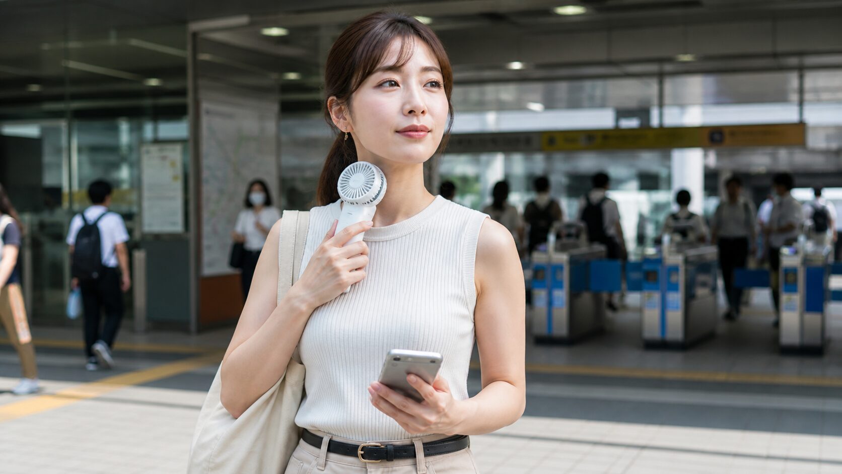 駅前で冷却ハンディファンを使う場面