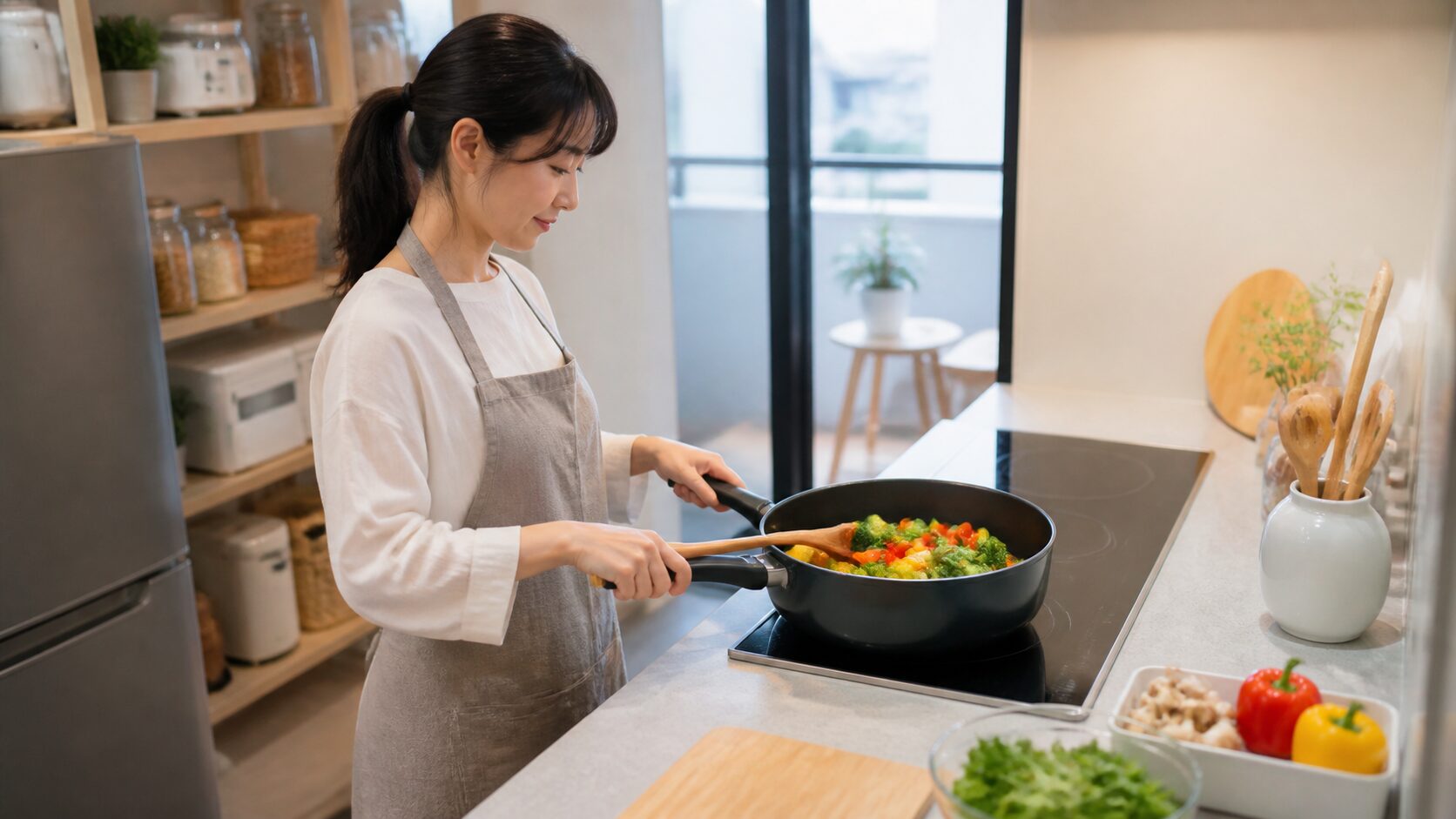 マルチパンで野菜を調理する家庭のキッチン