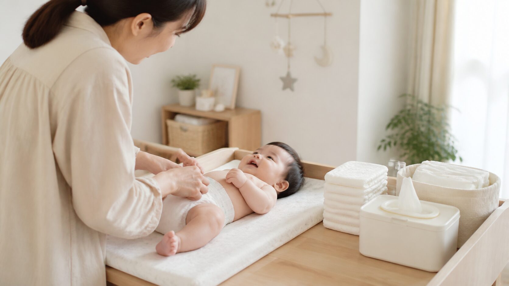 おむつとおしりふきを使うおむつ替えの場面