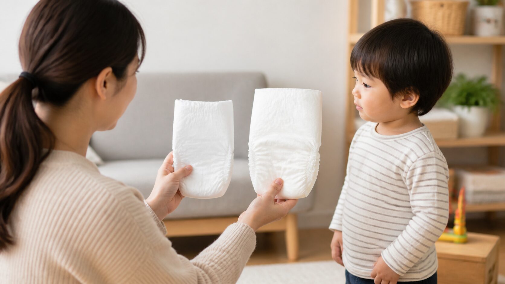 サイズの違うおむつを比べる場面