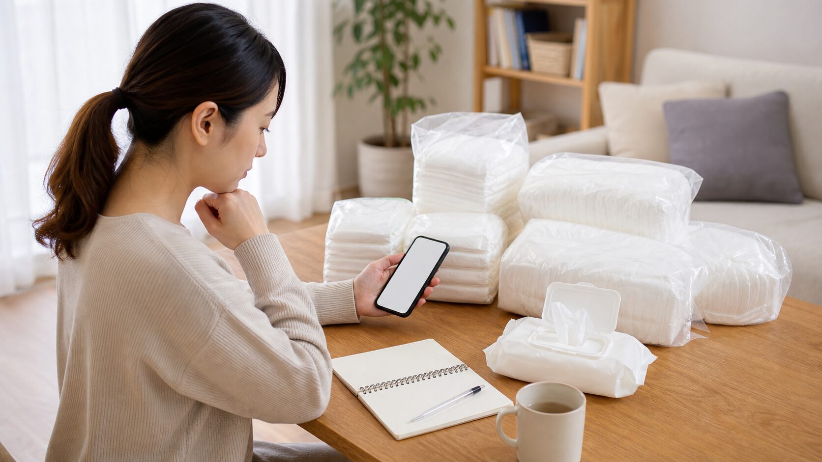 おむつとおしりふきの数量を購入前に比べる場面