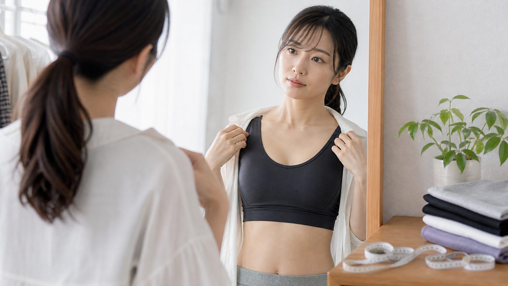 ブラトップの肩ひもとサイズを確認する場面