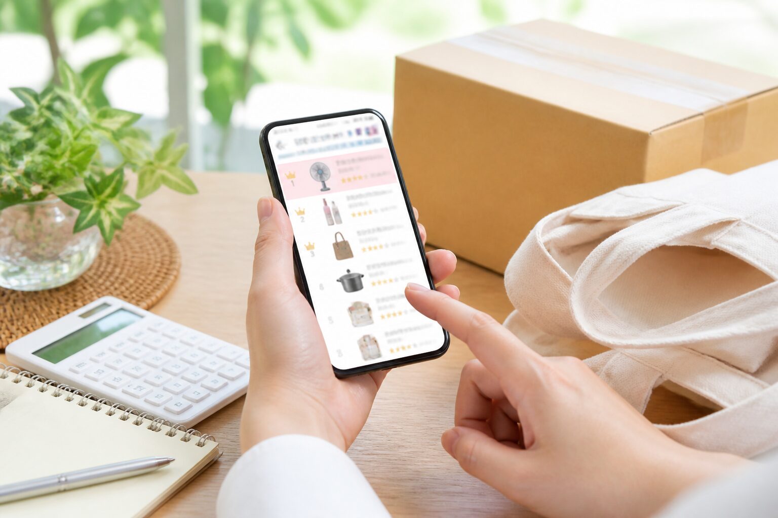スマートフォンで買い物ランキングと価格を確認する場面