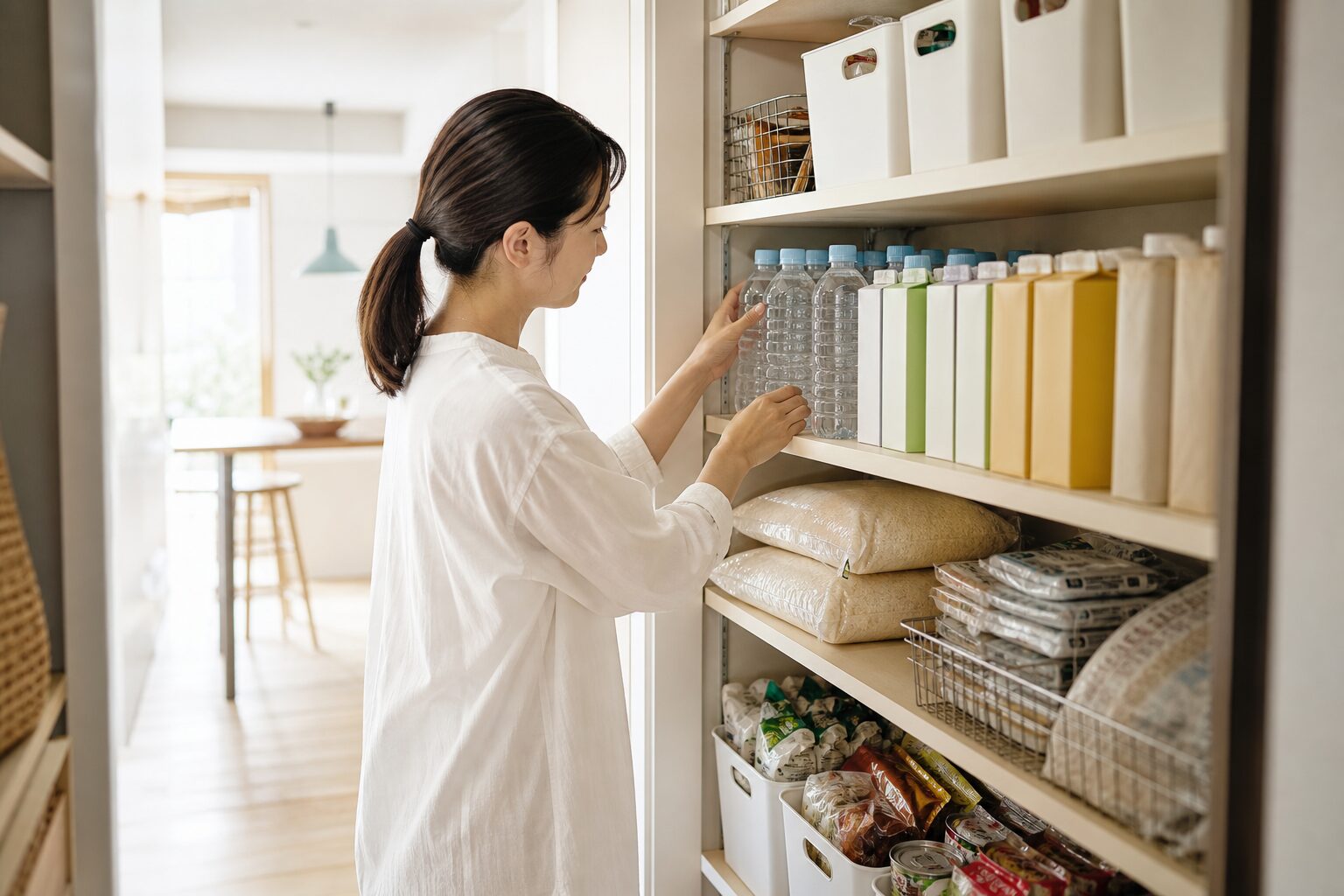 家庭の食品と飲料の買い置きを整理する場面