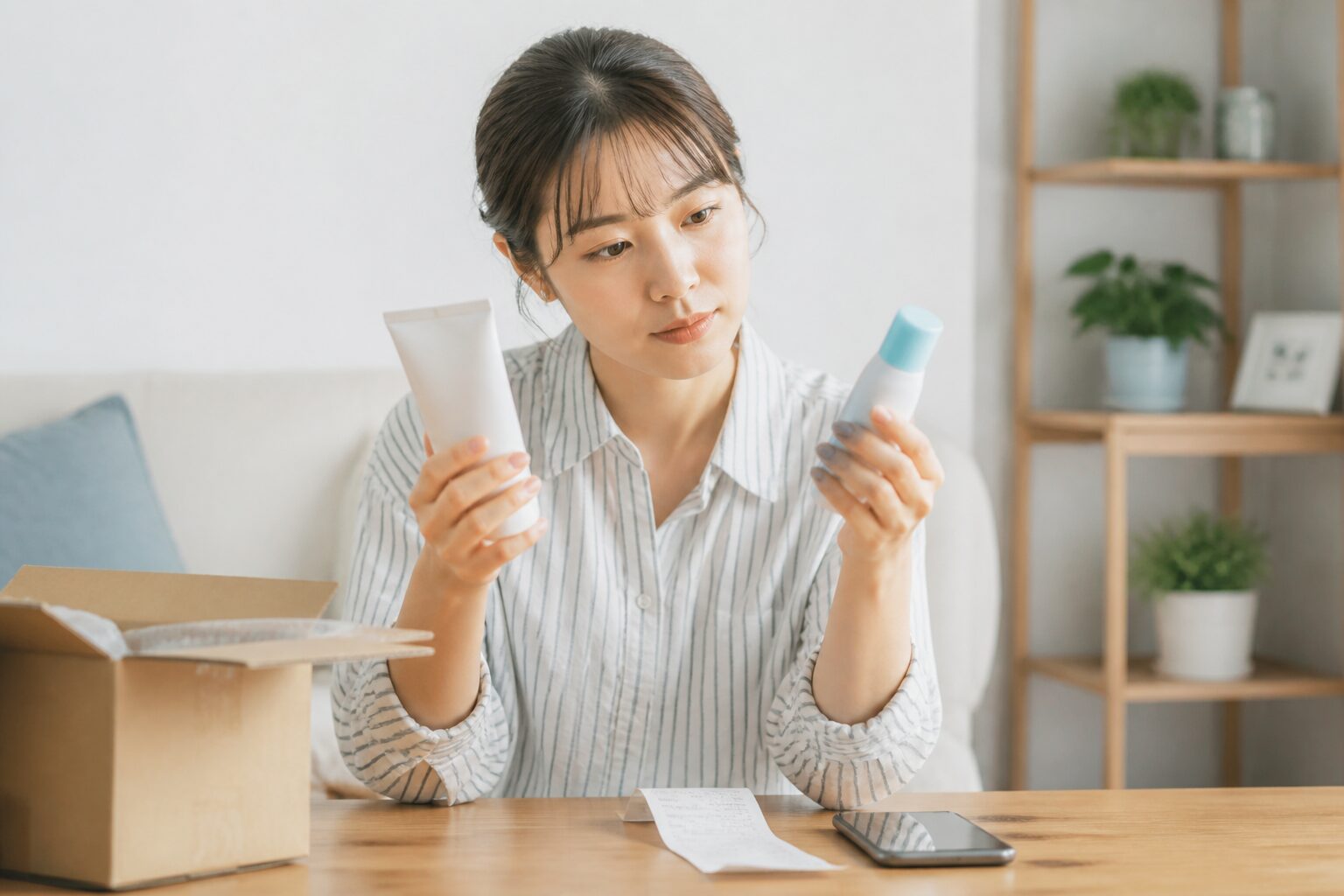 購入前に商品を比較して予算を確認する場面