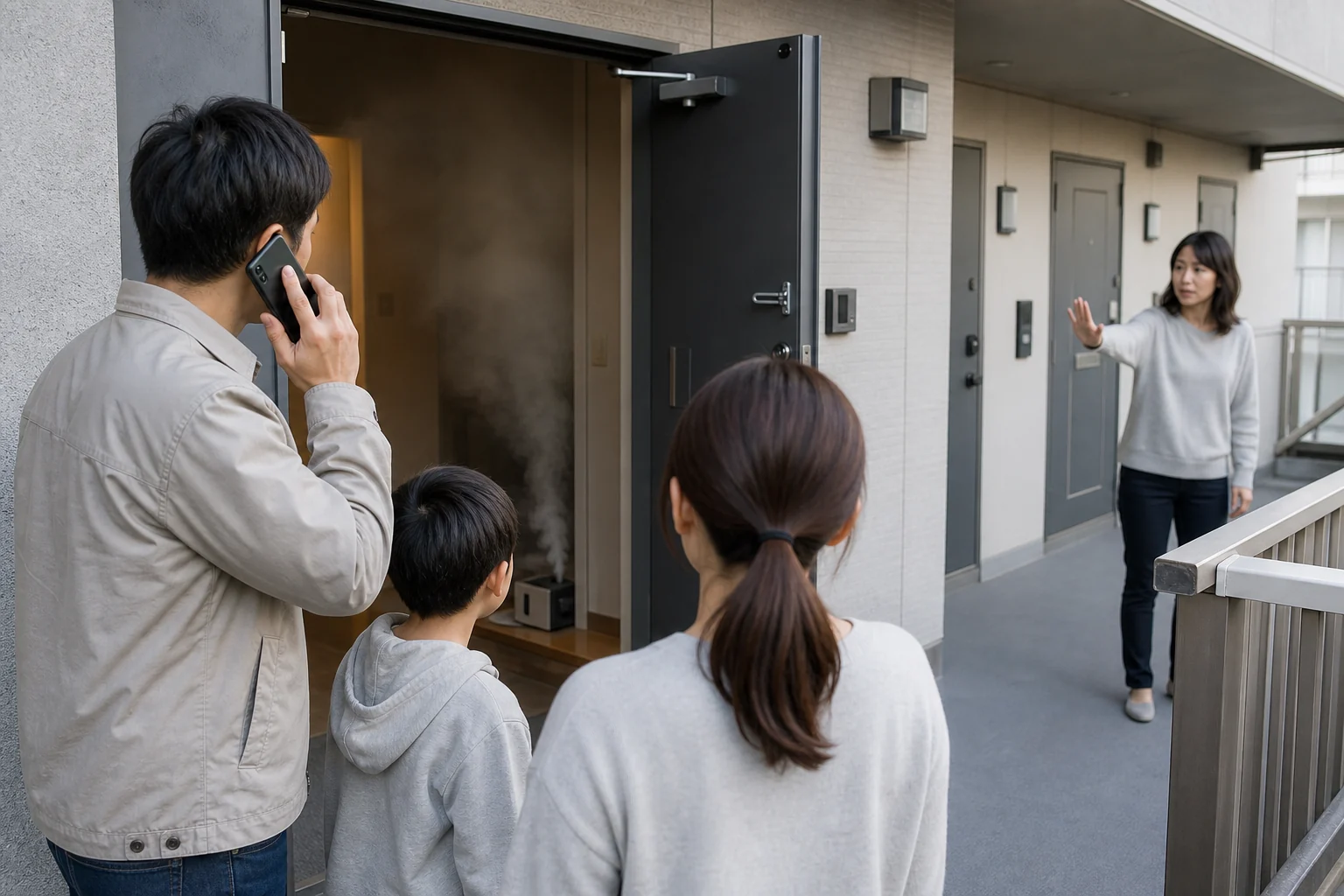 室内の煙から離れて屋外で119番通報し周囲へ知らせる家族