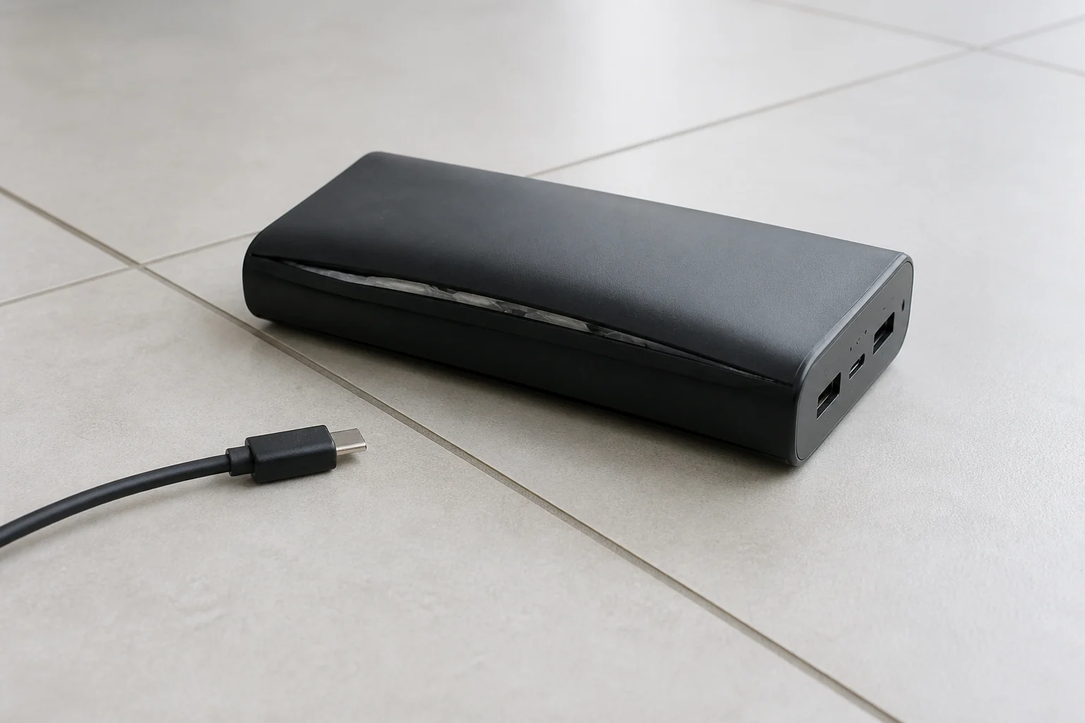 外装が膨らみ合わせ目が開いたモバイルバッテリーと外した充電ケーブル