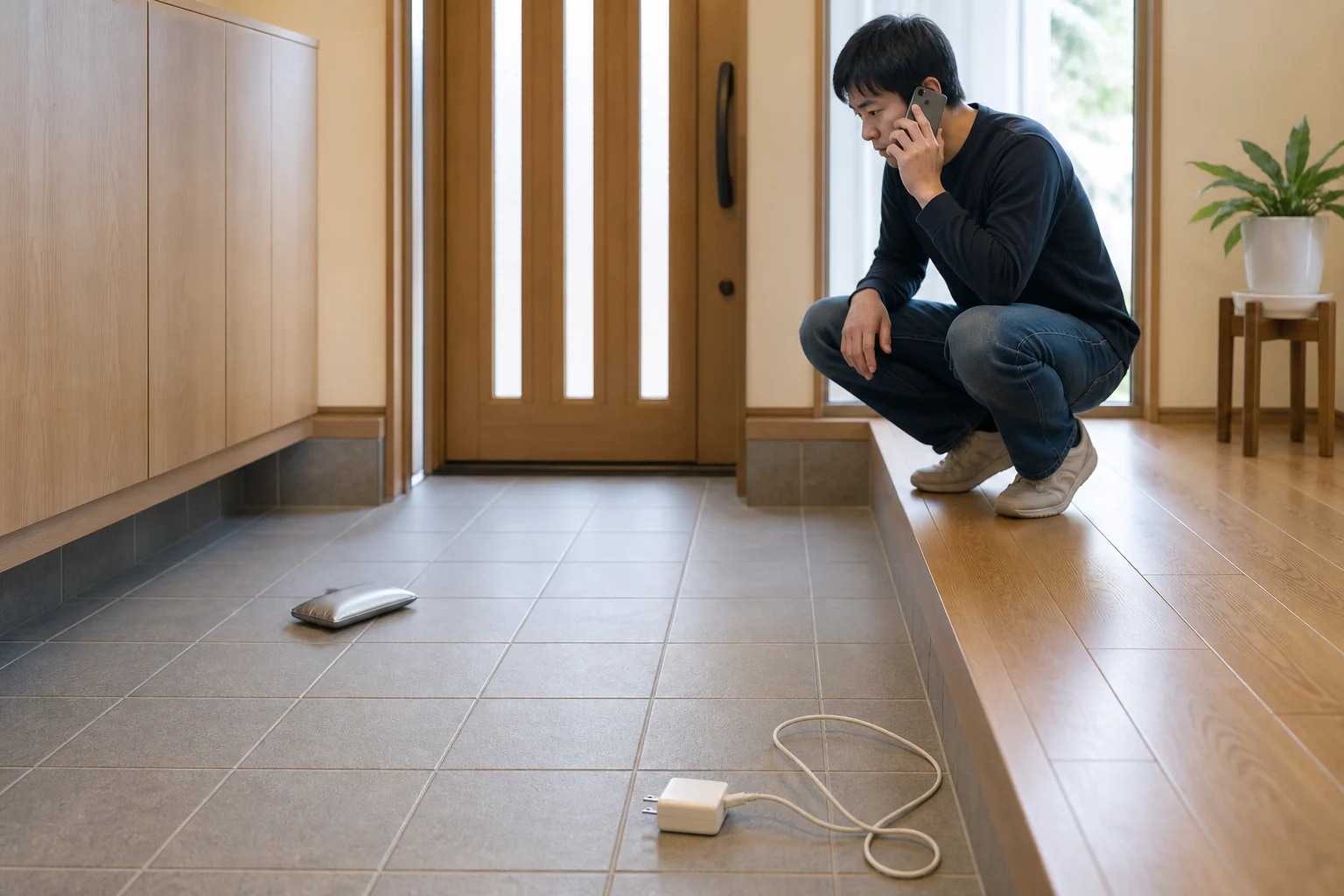 膨らんだバッテリーから離れ電話で相談している人と外した充電器